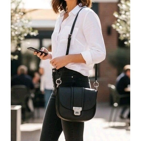 Nicole Handbags - Nicole Miller Black Crossbody Bag Saddle Purse Vegan Leather Small Messenger EUC